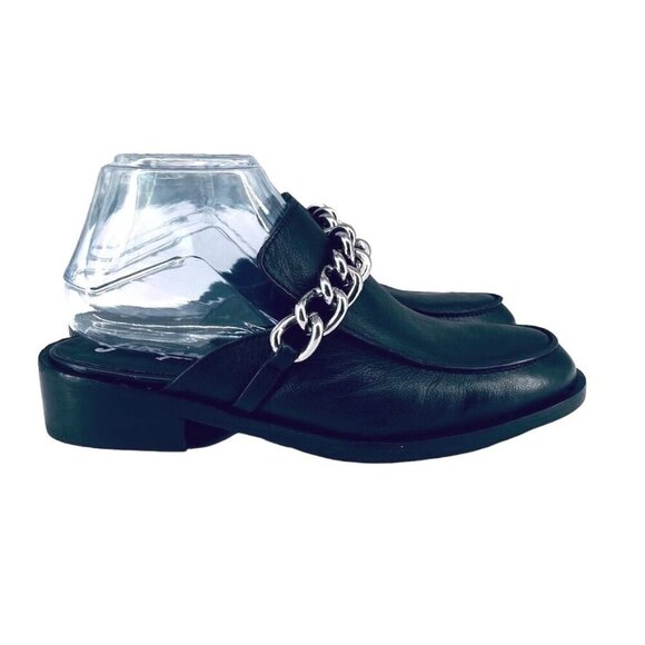 Free People Vida Mules 37 Black Leather Silver Link Chain Slip On Loafer - Picture 2 of 12